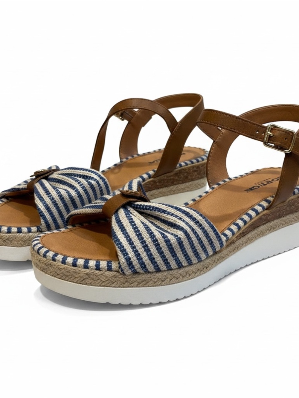 Romika Navy & White Striped Espadrille Wedge Sandals with Brown Straps